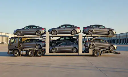 Car transporter parked in an industrial area of Linton Hall, Virginia, United States
