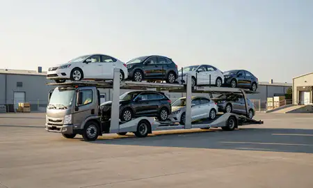 Car transporter loaded with vehicles in Linton Hall, Virginia, United States
