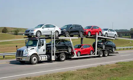 Multi-level car carrier on the highway to Lynchburg, Virginia, United States