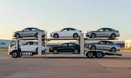 Car transporter parked in an industrial area of Lynchburg, Virginia, United States