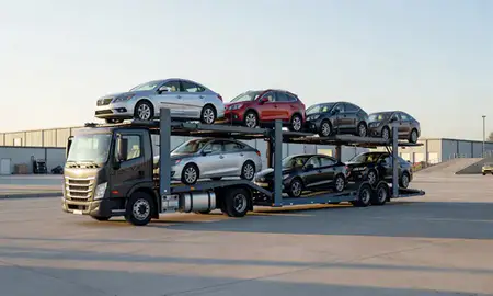 Car transporter loaded with vehicles in Lynchburg, Virginia, United States