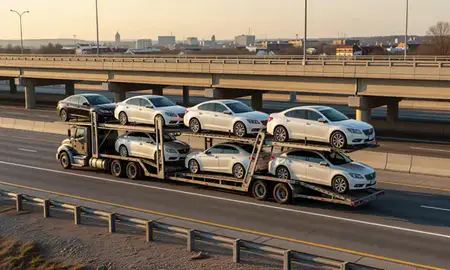 Car transporter with the Lynchburg, Virginia, United States skyline behind it