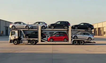 Car transporter parked in an industrial area of Manassas, Virginia, United States
