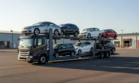 Car transporter loaded with vehicles in Manassas, Virginia, United States