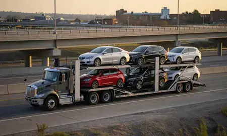 Car transporter with the Manassas, Virginia, United States skyline behind it