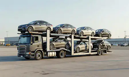 Car transporter loaded with vehicles in McLean, Virginia, United States