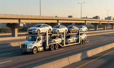 Car transporter with the McLean, Virginia, United States skyline behind it