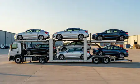 Car transporter parked in an industrial area of Newport News, Virginia, United States