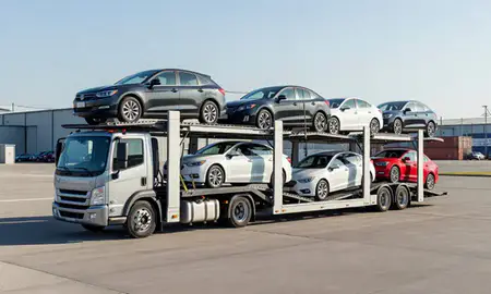 Car transporter loaded with vehicles in Newport News, Virginia, United States