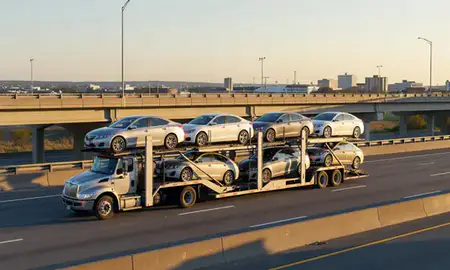Car transporter with the Newport News, Virginia, United States skyline behind it