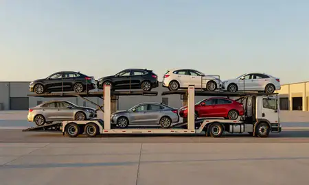 Car transporter parked in an industrial area of Norfolk, Virginia, United States