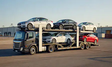 Car transporter loaded with vehicles in Norfolk, Virginia, United States