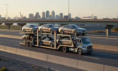Car transporter with the Norfolk, Virginia, United States skyline behind it