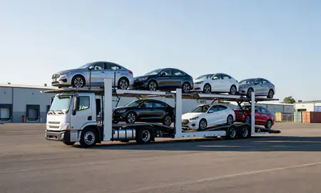 Car transporter loaded with vehicles in Portsmouth, Virginia, United States