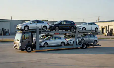 Car transporter loaded with vehicles in Reston, Virginia, United States