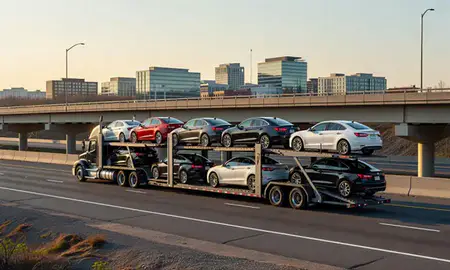 Car transporter with the Reston, Virginia, United States skyline behind it