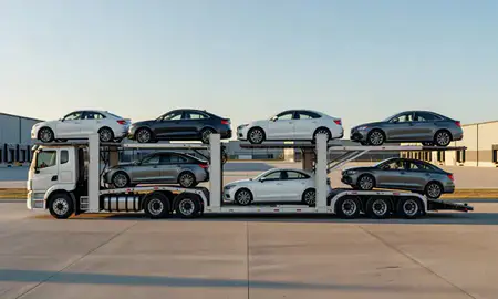 Car transporter parked in an industrial area of Richmond, Virginia, United States