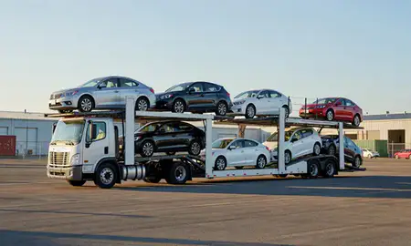 Car transporter loaded with vehicles in Richmond, Virginia, United States