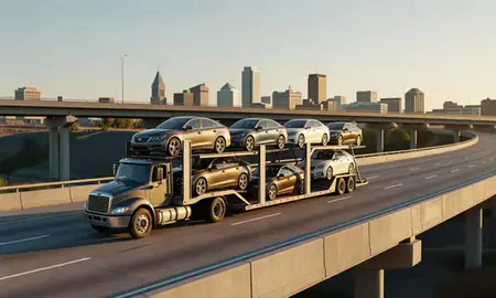 Car transporter with the Richmond, Virginia, United States skyline behind it