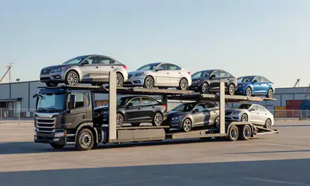 Car transporter loaded with vehicles in Roanoke, Virginia, United States