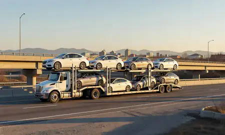 Car transporter with the Roanoke, Virginia, United States skyline behind it