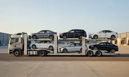 Car transporter parked in an industrial area of Suffolk, Virginia, United States