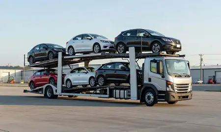 Car transporter loaded with vehicles in Suffolk, Virginia, United States