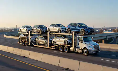 Car transporter with the Suffolk, Virginia, United States skyline behind it