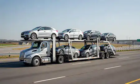 Multi-level car carrier on the highway to Tuckahoe, Virginia, United States