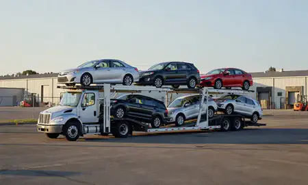 Car transporter loaded with vehicles in Tuckahoe, Virginia, United States