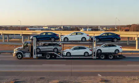 Car transporter with the Tuckahoe, Virginia, United States skyline behind it