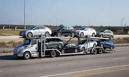 Multi-level car carrier on the highway to Virginia Beach, Virginia, United States