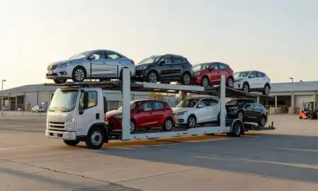 Car transporter loaded with vehicles in Virginia Beach, Virginia, United States