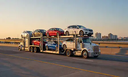 Car transporter with the Virginia Beach, Virginia, United States skyline behind it