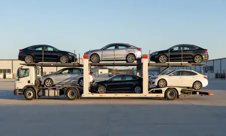 Car transporter parked in an industrial area of Williamsburg, Virginia, United States