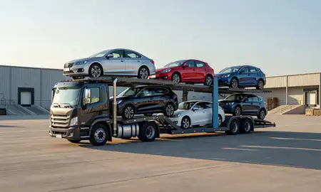 Car transporter loaded with vehicles in Winchester, Virginia, United States