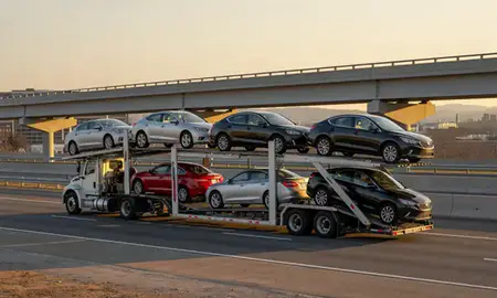 Car transporter with the Winchester, Virginia, United States skyline behind it