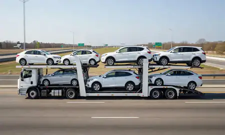 Multi-level car carrier on the highway to Woodbridge, Virginia, United States