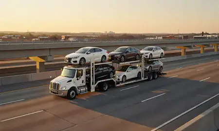 Car transporter with the Woodbridge, Virginia, United States skyline behind it