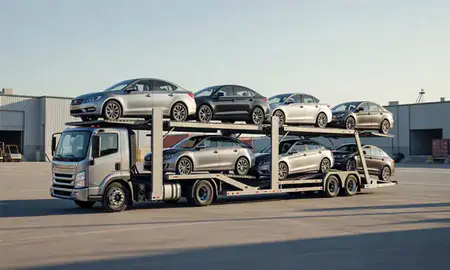 Car transporter loaded with vehicles in Washington, United States
