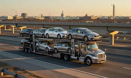Car transporter with the Washington, United States skyline behind it