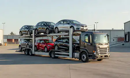 Car transporter loaded with vehicles in Auburn, Washington, United States