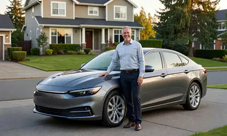 Customer with their delivered car in Bellevue, Washington, United States