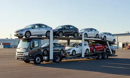Car transporter loaded with vehicles in Bellevue, Washington, United States