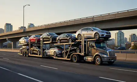 Car transporter with the Bellevue, Washington, United States skyline behind it