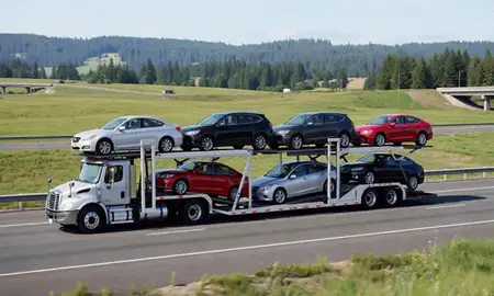 Multi-level car carrier on the highway to Bellingham, Washington, United States