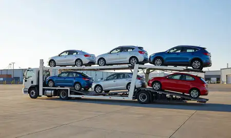 Car transporter loaded with vehicles in Bellingham, Washington, United States