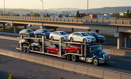 Car transporter with the Bellingham, Washington, United States skyline behind it