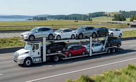 Multi-level car carrier on the highway to Bremerton, Washington, United States