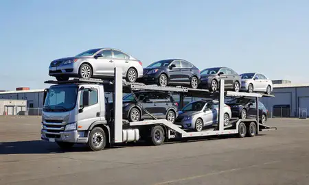 Car transporter loaded with vehicles in Bremerton, Washington, United States